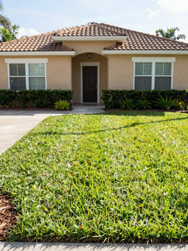 Bright sun-drenched front yard of a Lakewood Ranch home, perfectly striped green grass, crisp mulch borders, neatly trimmed hedges under morning light, 35mm