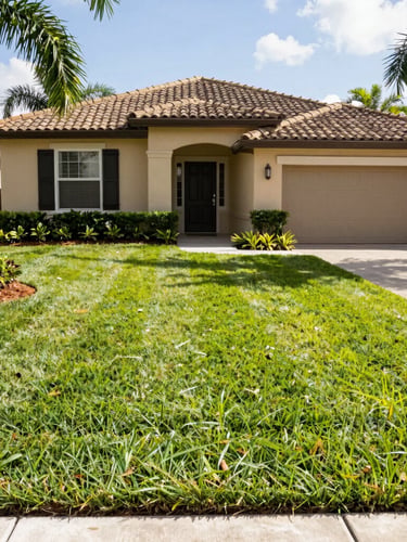 Wide shot of a perfectly manicured Lakewood Ranch front yard, crisp green striped lawn, neat mulch borders, bright Florida morning light, 35mm