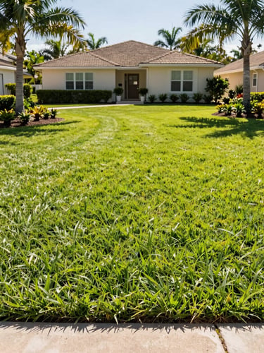 Bright sun-drenched photography of a perfectly manicured front lawn in Lakewood Ranch, crisp morning daylight, vibrant natural greens, sharp focus, 35mm