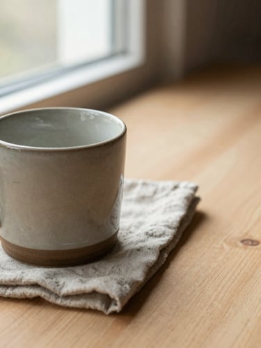 Close-up overhead view of a single ceramic mug resting on a worn linen cloth on a pale wooden surface, soft natural window light from the left, quiet negative space to the right
