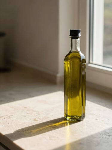 A single glass bottle of olive oil standing on a pale stone surface near a window, late afternoon light casting a long warm shadow to the left, the bottle slightly off-center to the right, generous empty space on the left side of the frame