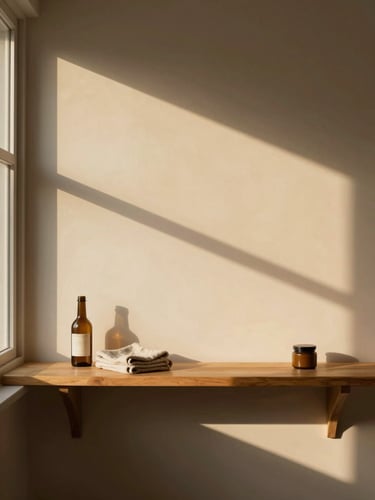 Wide environmental shot of a sparse wooden shelf holding three or four objects — a bottle, a folded cloth, a small jar — soft golden-hour light from a nearby window, calm and unhurried, lots of breathing room