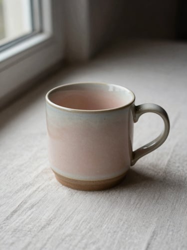 Close-up of a single ceramic mug on a pale linen surface, soft natural window light falling from the left, gentle shadow pooling to the right, warm blush undertones in the ceramic glaze, minimal negative space around the object