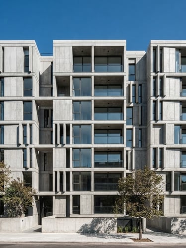 Wide architectural elevation of a modern concrete building facade, clean lines, sharp shadows, bright direct daylight, high-contrast cool tones, 50mm lens, industrial minimalism.