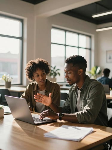 Two young Africans in a sunlit co-working space, one gesturing over a laptop screen toward the other in an engaged mentorship conversation, warm natural window light, environmental wide shot showing the full workspace context