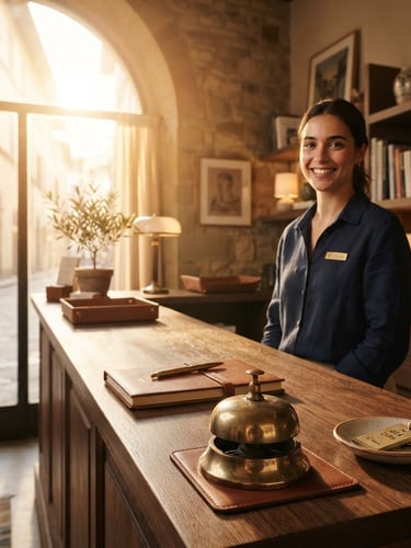 Editorial portrait photograph of a warm, sun-drenched boutique hotel reception desk, soft golden-hour light streaming through a large window, elegant wooden textures and a brass bell in the foreground, shallow depth of field