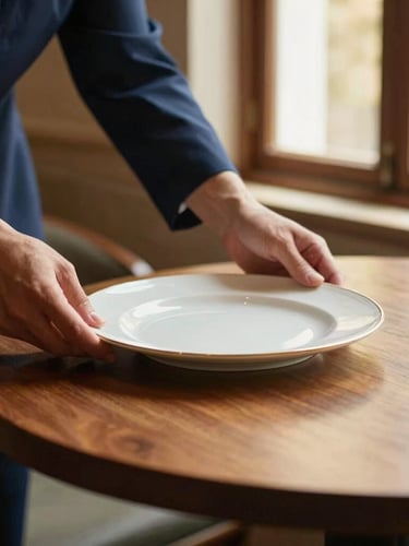 Medium editorial shot of hands carefully setting an elegant ceramic plate on a wooden restaurant table, soft side window light, warm tones