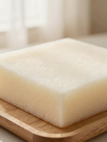 Macro close-up of high-density memory foam meeting a walnut wood-grain tray, soft side lighting, warm tones