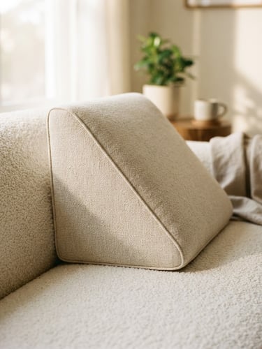 A premium ergonomic foam wedge pillow styled on a cream bouclé sofa, soft morning sunlight casting gentle shadows, 35mm photography