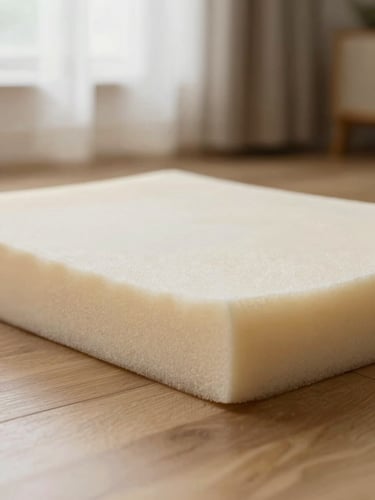 Close-up of a high-density memory foam base showing its structured wedge silhouette, resting on a polished oak floor, soft light, 35mm.