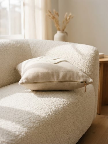 A premium neutral-toned lap pillow styled on a cream bouclé sofa, soft morning window light casting gentle shadows, warm minimalist aesthetic, 35mm.