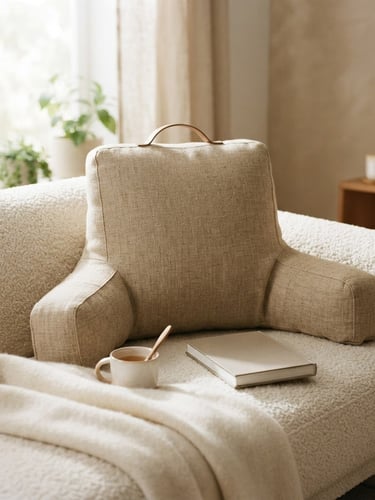 A premium hybrid reading pillow styled on a cream bouclé sofa, soft morning window light, warm minimalist living room, 35mm photography