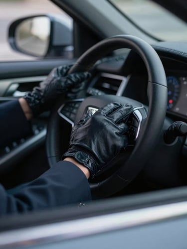 Close-up of a professional chauffeur's hands in dark leather gloves on a steering wheel of a modern luxury vehicle, soft dashboard lights, cool low-key lighting, shallow depth of field