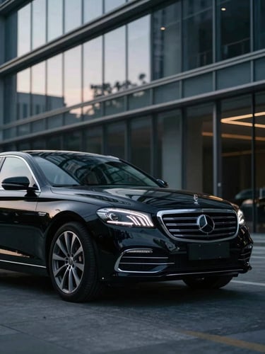 Cinematic automotive photography of a pristine black executive sedan parked in front of modern glass architecture, cool evening light, sharp silver reflections, shallow depth of field, 35mm