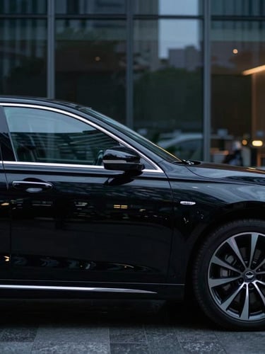 Cinematic side profile of a clean black executive sedan parked in front of modern glass architecture, dramatic evening city lights reflecting on the metallic paint, shallow depth of field, 35mm