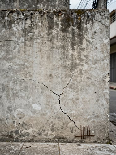 Close-up of a cracked concrete wall at street level in a Brazilian neighborhood, flat overcast light revealing moisture stains and exposed rebar, urban sidewalk visible at bottom of frame