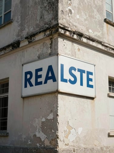 Close-up of a Brazilian street-corner building exterior in flat daylight — peeling paint and weathered concrete facade visible, a faded real estate sign attached to the wall, ordinary urban texture with no staging
