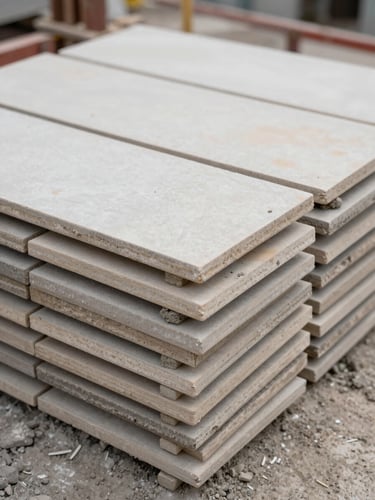 Close-up of stacked ceramic floor tiles on a construction site floor, natural overcast daylight, rough edges and cement residue visible, no people, documentary framing