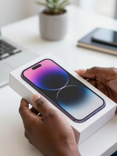 Close-up of hands unboxing a new, sleek smartphone in a modern office, subtle magenta light reflecting on the device, bright daylight, sharp focus.