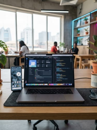 High-fidelity modern laptop and smartphone on a clean desk in a bright, contemporary co-working space in Lagos, subtle blue and magenta neon highlights, eye-level medium shot