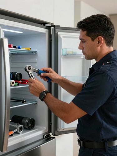 Un técnico colombiano uniformado de manera impecable ajusta con herramientas de precisión el panel interno de un refrigerador de lujo en una cocina moderna iluminada por luz natural.