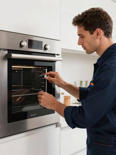 A clean-cut, professional Colombian technician in a neat dark blue uniform inspecting the control panel of a premium built-in oven in a bright, modern Medellín kitchen, daylight.