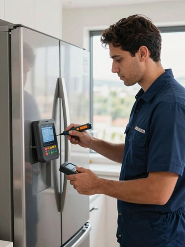 Medium shot of a professional Colombian technician in an immaculate navy blue uniform, using a digital diagnostic tool on a premium stainless steel refrigerator in a bright, modern Medellín kitchen with natural window light.