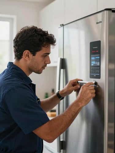 Close-up of a professional Colombian technician in an immaculate navy blue uniform calibrating a premium stainless steel refrigerator in a bright, modern Medellín kitchen, soft natural window light.