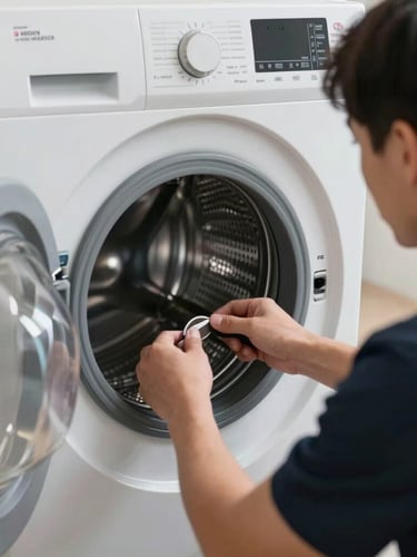 Over-the-shoulder view of a certified technician inspecting the drum of a high-end front-load washing machine, clean laundry room setting, soft professional studio lighting, focused technical work.