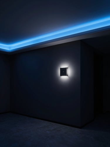 Wide architectural interior at night, a minimalist living room corner viewed from a low diagonal angle, neon-blue LED strip lighting recessed along the ceiling perimeter casting a precise electric-blue glow across dark matte walls, a single smart lighting panel mounted flush on the wall glowing softly, no people, studio strobe precision, high-contrast near-black shadows