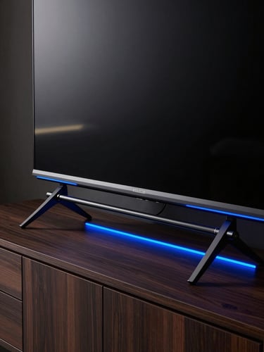 Extreme close-up portrait angle of a motorized Flap TV panel rising from a sleek dark wood cabinet in a luxury living room, neon-blue accent strip illuminating the underside of the panel, matte black screen surface reflecting a single architectural light source, no people, precise studio-strobe lighting, dark background with shallow depth of field emphasizing the mechanical precision of the lift mechanism