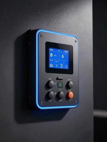 Extreme close-up of a sleek digital control panel flush-mounted on a dark architectural wall, neon-blue backlight strip tracing its edge, precise studio strobe from upper left casting sharp shadow geometry on the matte surface, framed tight to show interface detail with the wall receding into darkness on the right
