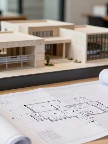 Architect at a drafting table, focused on blueprints, with a blurred background of a modern architectural model. Bright natural Texas daylight, sharp focus, 35mm lens.