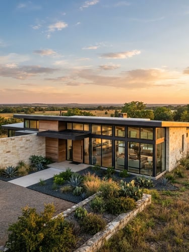 Wide-angle architectural photography of a custom Texas modern home exterior at golden hour, clean lines, raw materials like limestone and steel, bright natural Texas daylight, expansive sky, located in Grayson County, North Texas.