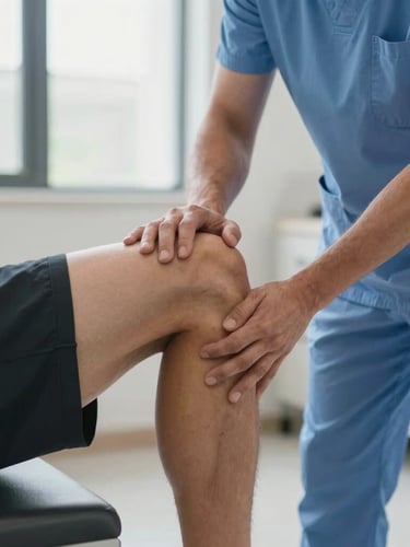 A close-up, mid-shot of a physical therapist in a bright, modern clinic assessing a patient's knee alignment during a controlled step-down exercise, natural window light.