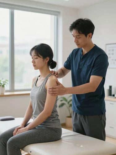 A physiotherapist guiding a patient's shoulder through a precise joint loading assessment on a clinical table, bright modern clinic interior in the background, clean natural window light.