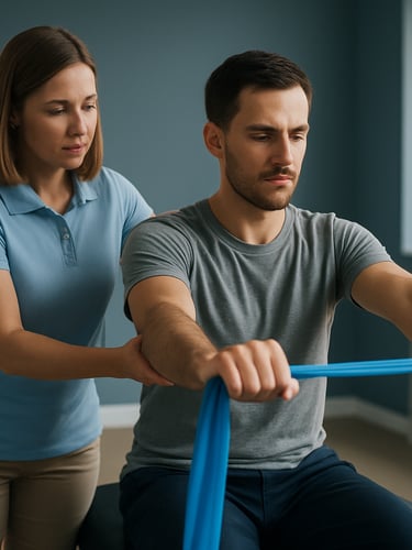 A therapist guiding a patient through a targeted resistance band exercise in a clean, professional rehabilitation space with clinical slate blue accents, bright daylight.