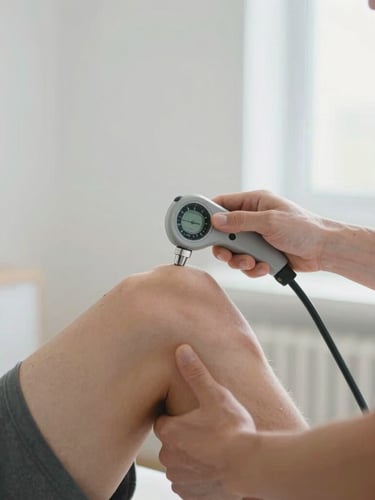 Close-up of a clinical physiotherapist using a goniometer to measure knee joint extension on a patient, bright natural morning light, clean white clinical interior, focusing on precise physical assessment.