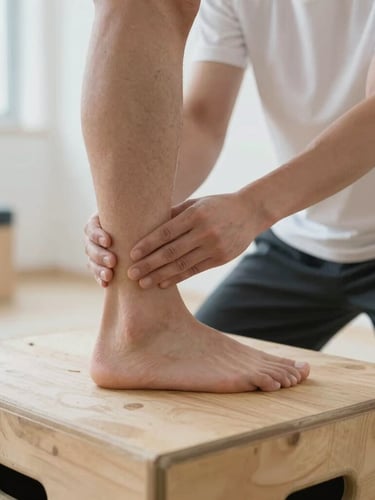 Close-up of a patient's leg performing a step-up on a wooden box under therapist guidance, focusing on ankle and knee alignment, bright natural light, crisp clinical setting.