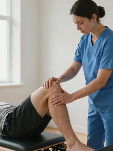 Bright, natural light clinical space. A physiotherapist in a clean slate-blue uniform guides a patient through a precise knee alignment assessment on a modern reformer. Mid-shot, high contrast, clinical environment.