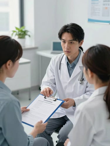 Wide panoramic 21:9 shot of a therapist and patient in a bright, modern clinical room, discussing a structured rehabilitation plan, clinical slate blue accents.