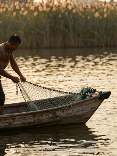 Telephoto shallow-focus shot of a fisherman mid-work on a wooden boat, hands pulling a net over the gunwale, late afternoon golden light catching the water surface behind him, delta reeds blurred in background distance