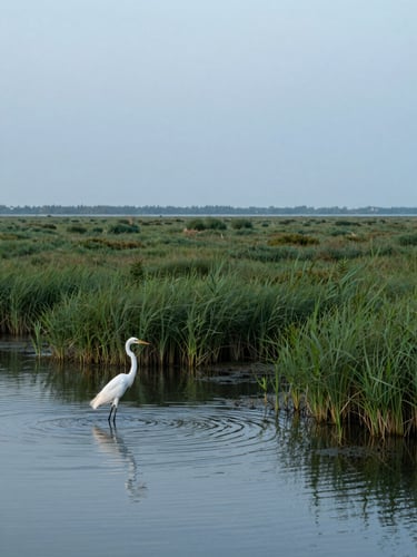 Wide environmental wetland landscape at dawn, a great white egret standing in shallow lagoon water at the far left, reeds and salt marsh stretching to the horizon, diffuse overcast light, no people, pale blue-green palette
