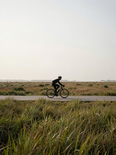 Wide environmental shot of a lone cyclist on a flat delta path, salt marsh grass either side, overcast diffuse morning light, bicycle silhouetted against pale sky, no posing — movement captured mid-pedal