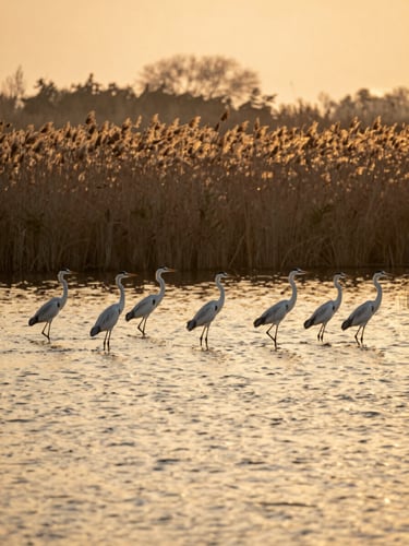 Telephoto compression across a Po Delta lagoon at golden hour, a loose formation of herons wading in shallow water in the middle distance, dense reed beds blurred behind them, warm amber light raking across the water surface from the right, wide environmental framing with the birds occupying the lower-left third