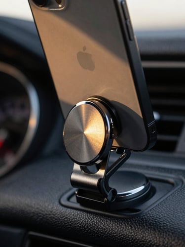 Extreme close-up of a phone snapping onto a sleek magnetic mount on a textured dashboard, soft golden-hour window light reflecting on brushed metal.