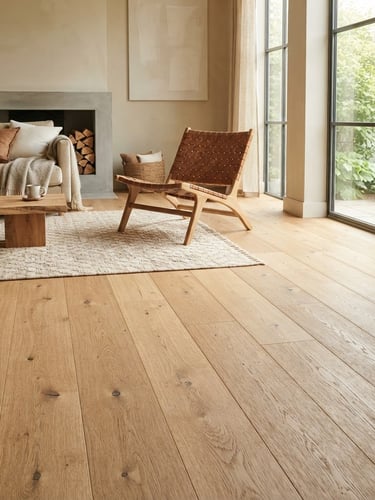 Low-angle editorial interior photography, bright natural side-light hitting a light oak floor, warm neutral tones, 35mm lens