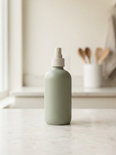 Straight-on eye-level bright editorial shot of a minimalist sage green spray bottle sitting on a clean off-white stone kitchen counter, soft morning daylight, neutral tones, 50mm
