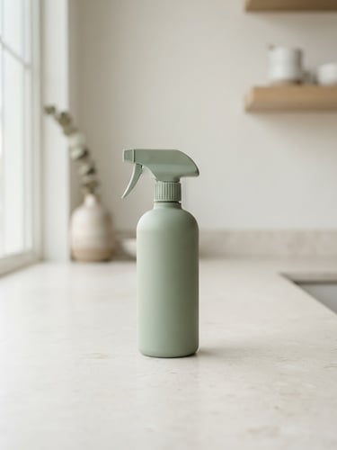 Straight-on shot of a minimalist sage green spray bottle sitting on a clean off-white stone countertop, soft morning daylight, 50mm