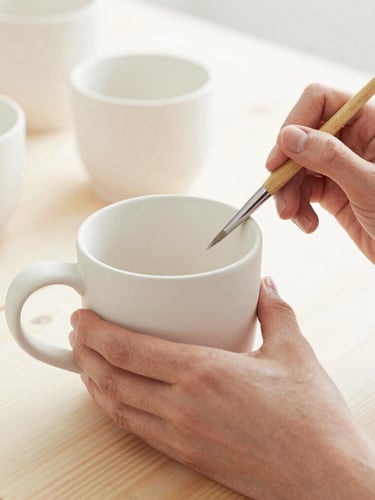 Close-up of hands painting a raw white ceramic mug with a fine brush, soft terracotta glazes on a wooden table, bright diffused daylight, 35mm